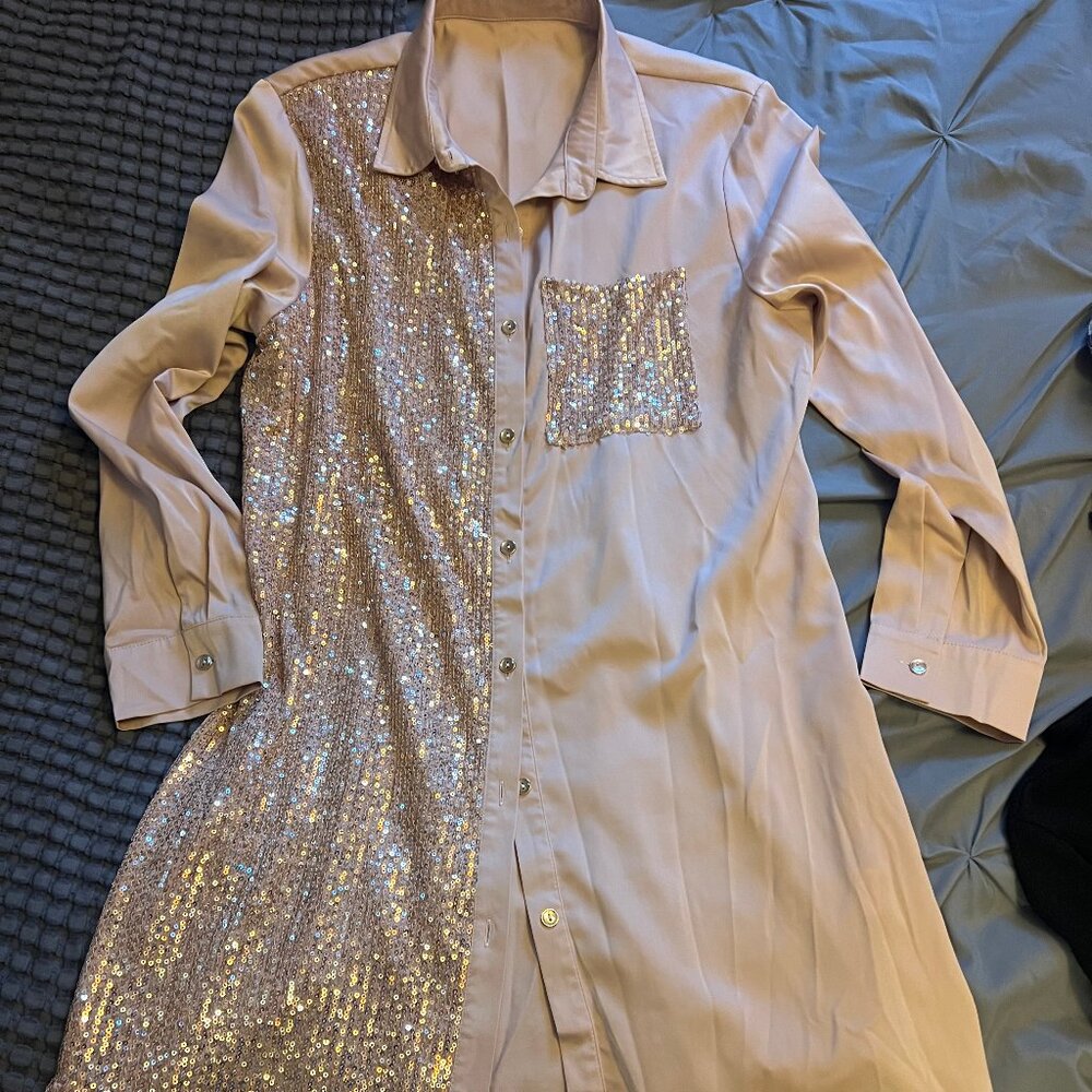 Pink Sequin-Trim Button-Down Women's Shirt